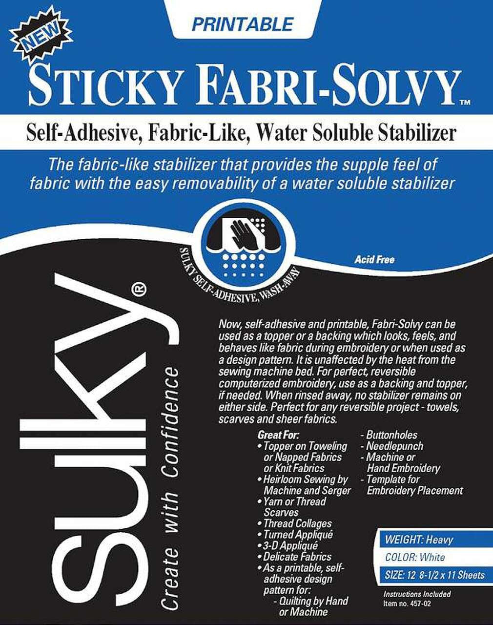 Sulky Sticky Fabri-Solvy Stabilizer - White - 8.5'' x 11'' Pkg. (12 Sheets)