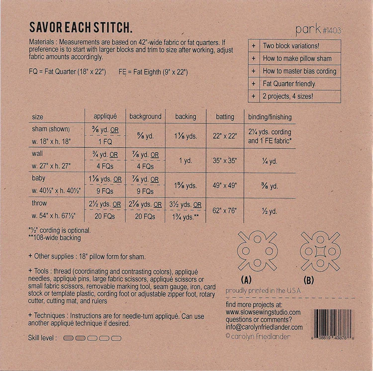 Park Quilt Pattern by Carolyn Friedlander_back