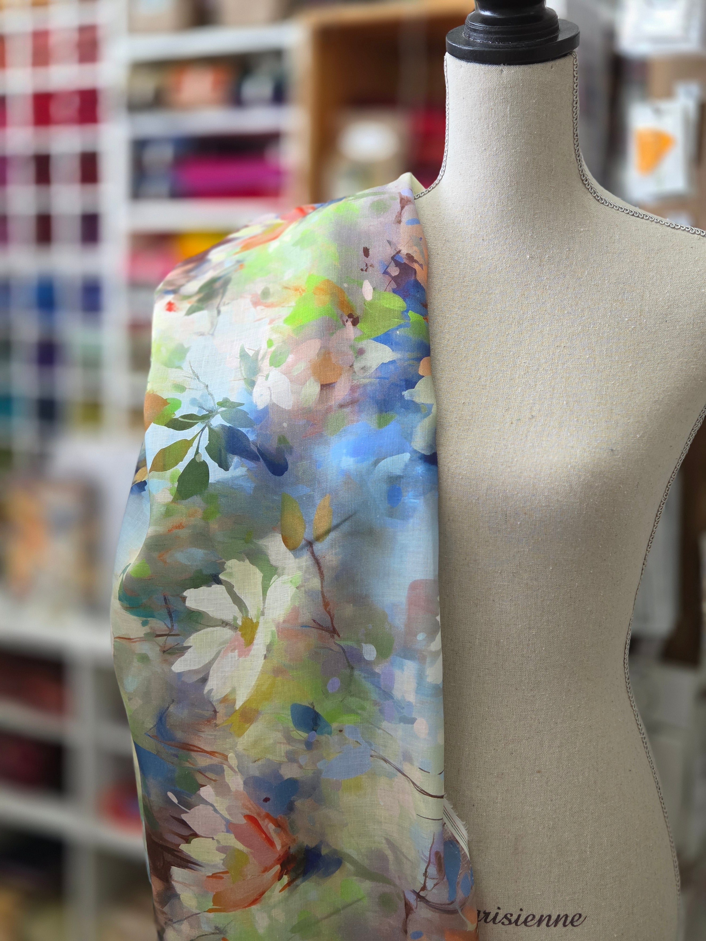 Digitally Printed Floral Linen in Dark Blue/Green for Garment Making