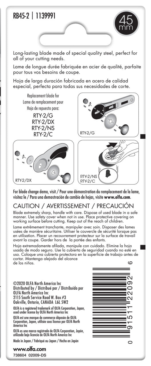 Olfa Endurance Rotary Replacement Blade - 45mm 2ct_back