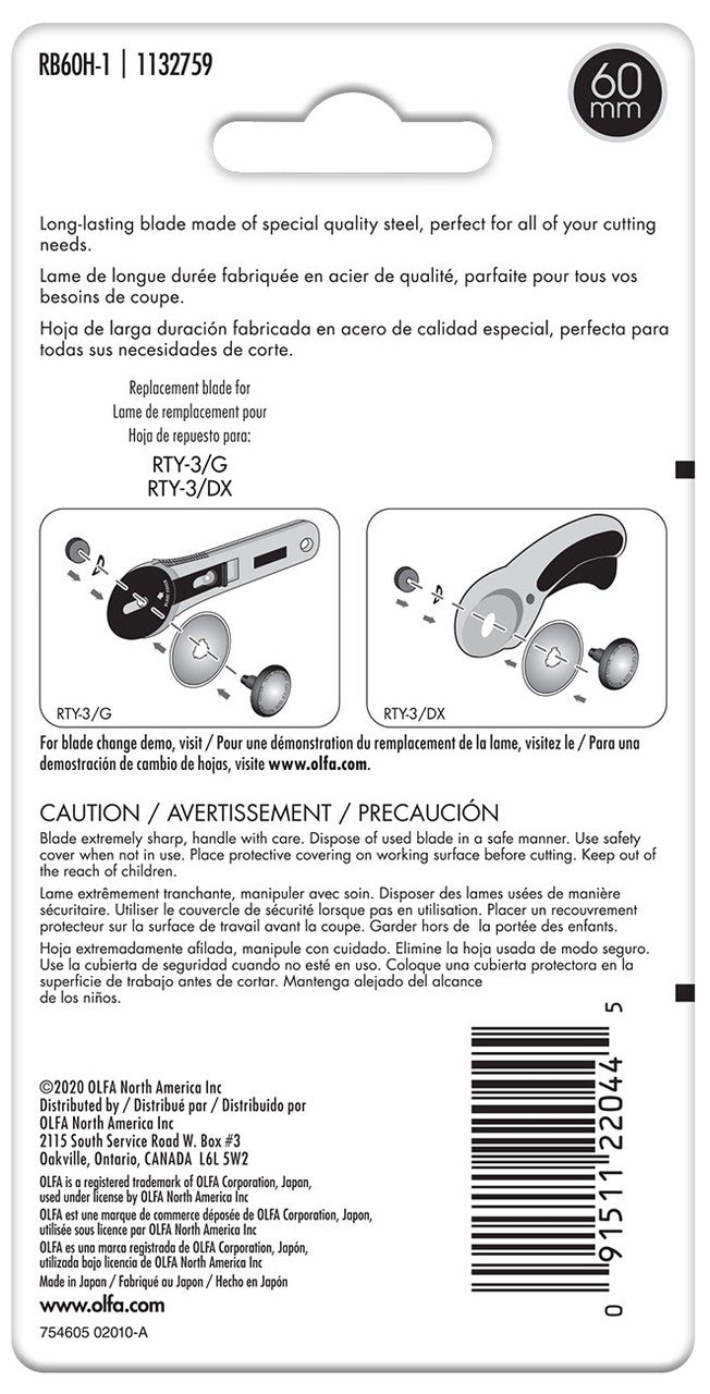 Olfa Endurance Rotary Replacement Blade - 60mm 1ct_back