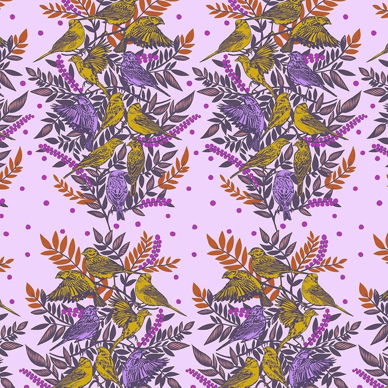 Visitation Print in Lilac from Bright Eyes Collection by Anna Marie Horner for Free Spirit Fabrics. 100% Premium Quilting Cotton.