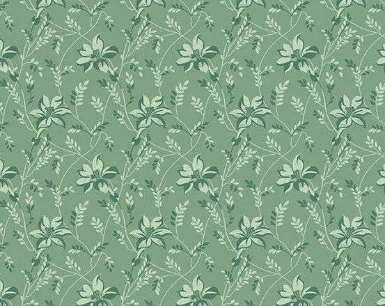 Buds and Vines in Celadon from Secret Stash's Earth Tones Collection by Laundry Basket Quilts for Andover Fabrics. 100% Premium Quilting Cotton.